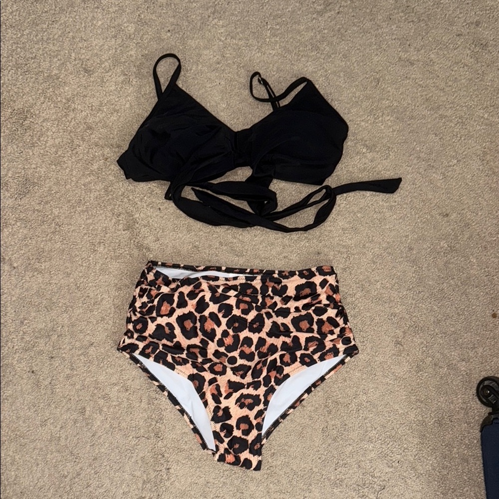 Black and Leopard Print Bikini Set